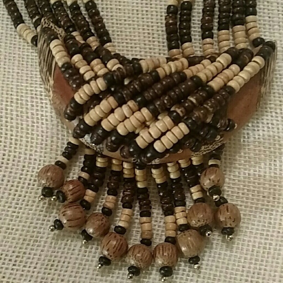 Bohemian Wood Beaded Statement Long Chunky Necklace In Brown Black And Cream OS - Picture 2 of 4